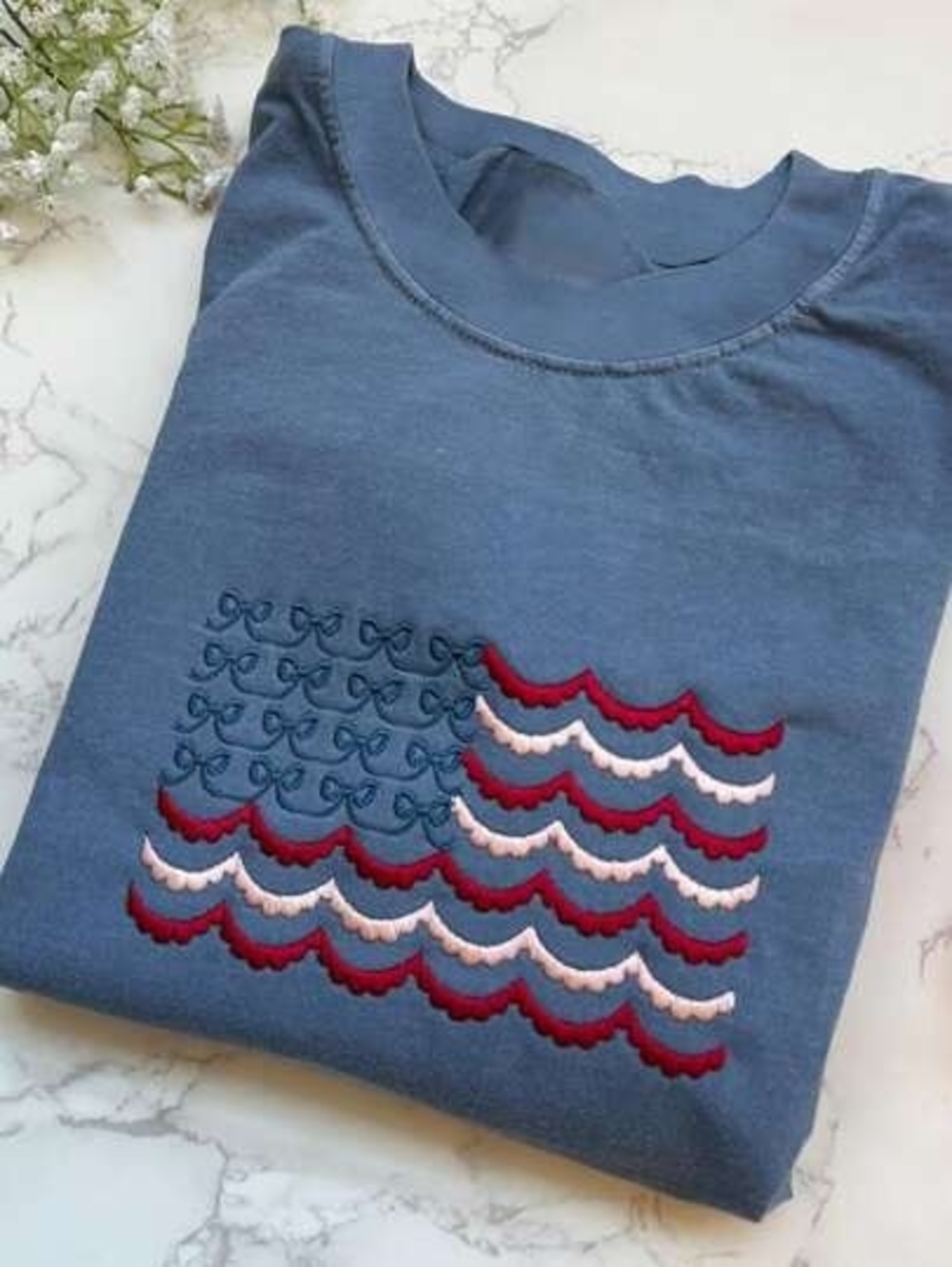 SHEIN Blue Short Sleeve Tee with Red and Pink Embroidered Wave Detail